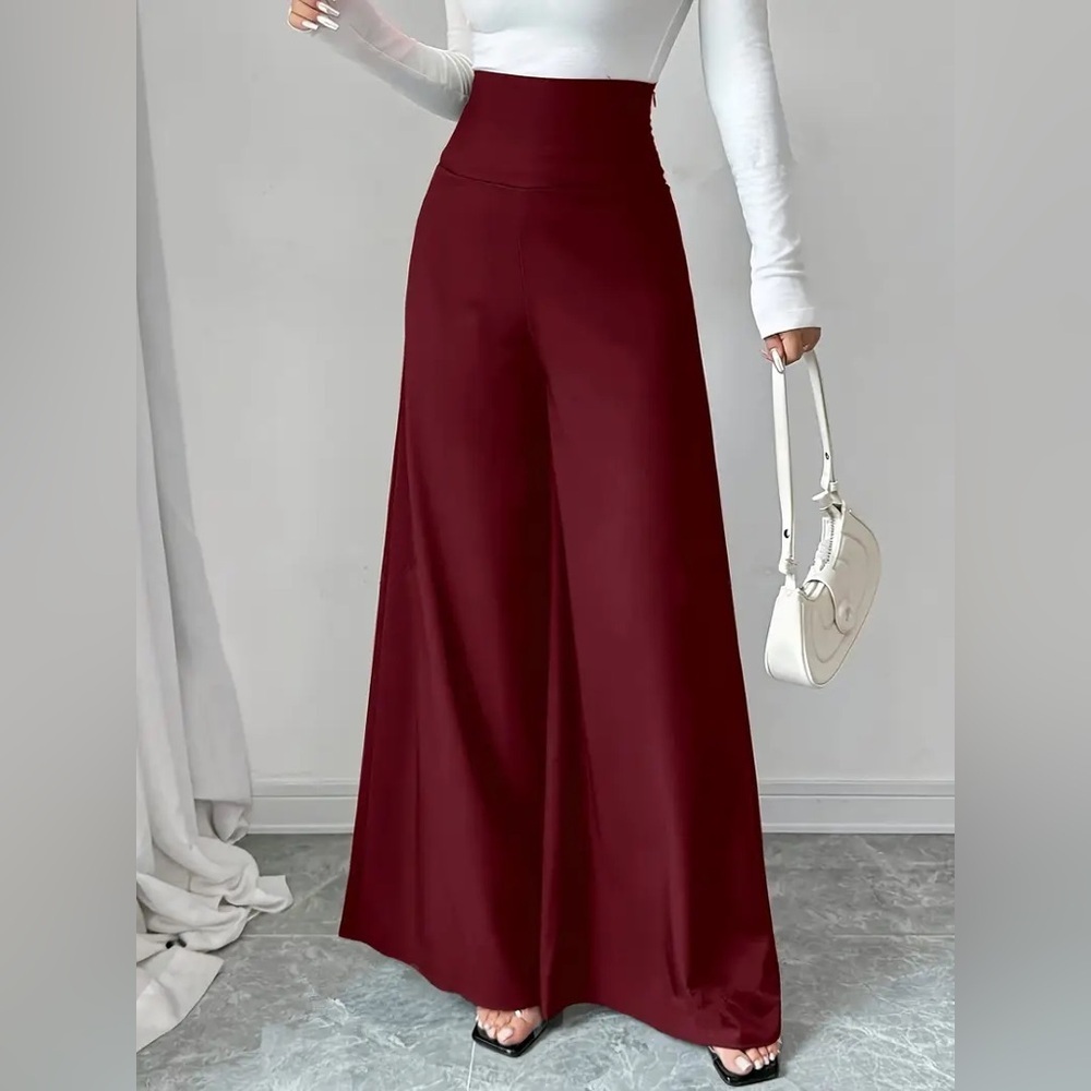 High-Waist Wide Leg Pants in Burgundy - Picture 2 of 5